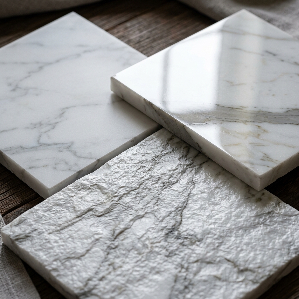 The same Statuario marble in three finishes — polished, honed, and leathered
