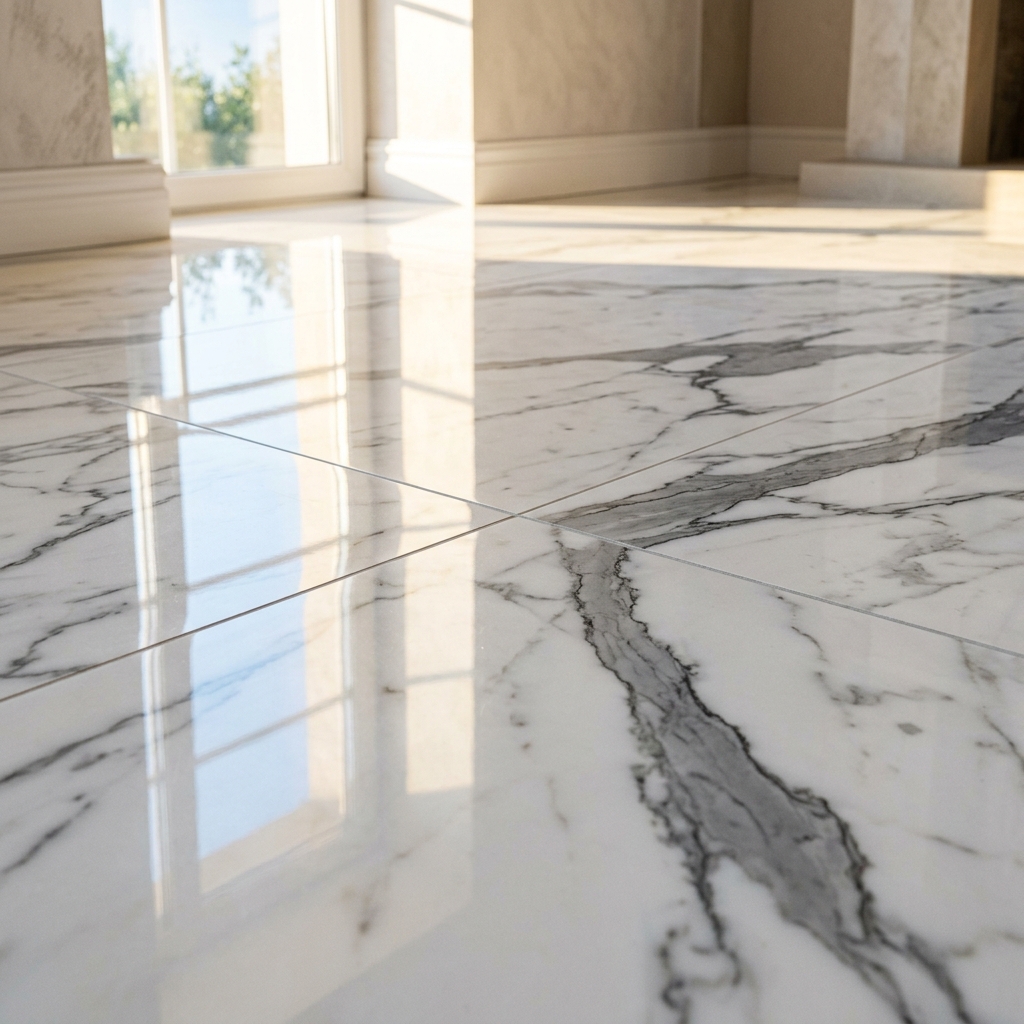 Polished Statuario reflecting natural light — the finish deepens every vein