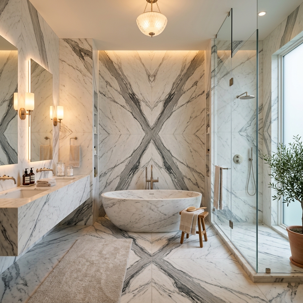 A master bathroom in bookmatched Statuario marble — pure, sculptural luxury