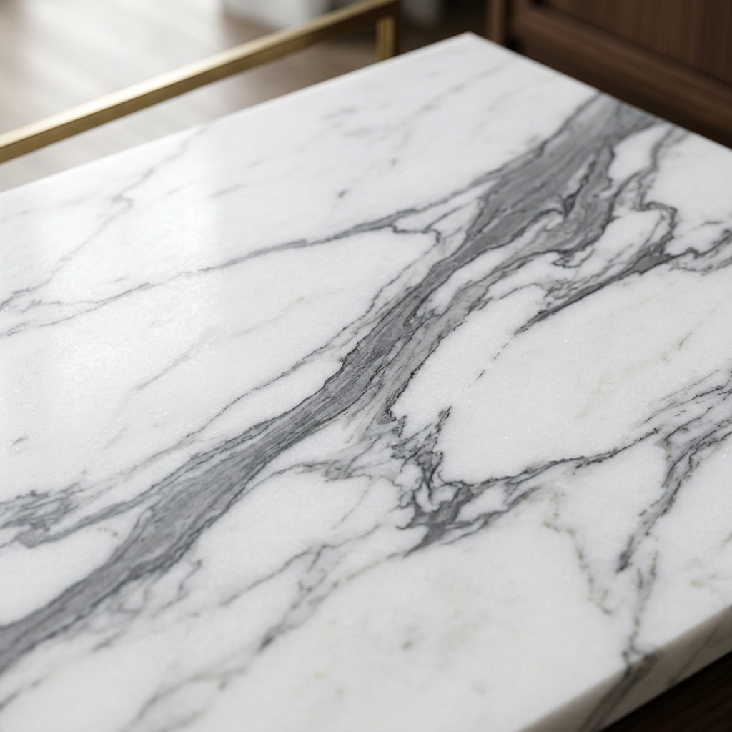 Premium Statuario marble slab — pure white with elegant grey veining